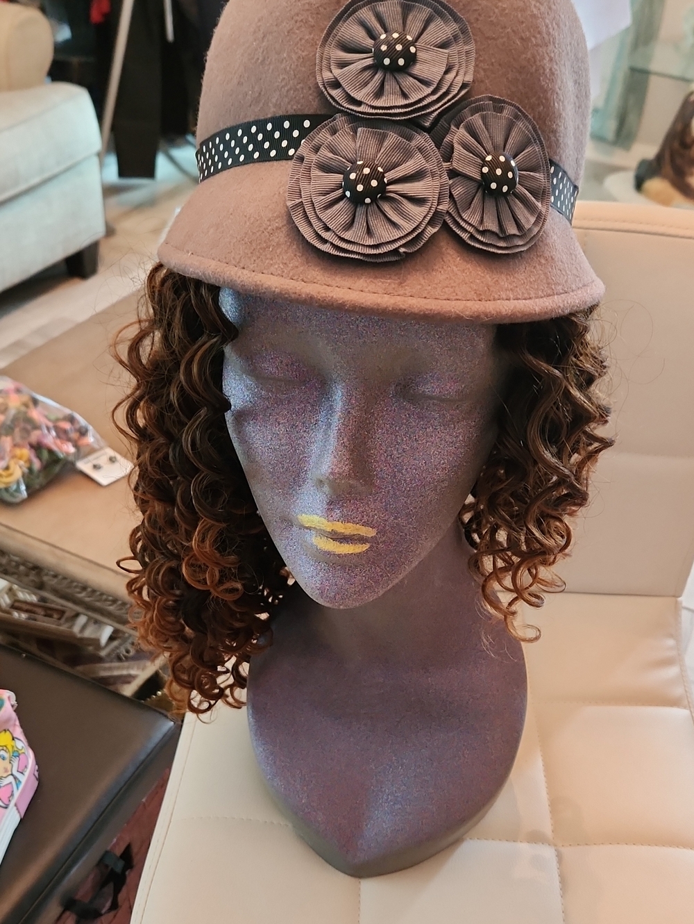 Cost Plus World Market Taupe Wool Cloche Hat with Black Polka Dot Band